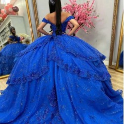 Sparkly Blue Quinceanera Dresses Off Shoulder Fairy princesse bleu royale Sweet 15 robe gown