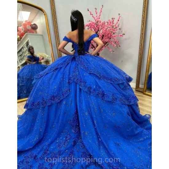 Sparkly Blue Quinceanera Dresses Off Shoulder Fairy princesse bleu royale Sweet 15 robe gown