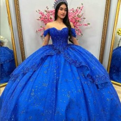 Sparkly Blue Quinceanera Dresses Off Shoulder Fairy princesse bleu royale Sweet 15 robe gown