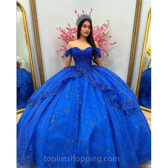 Sparkly Blue Quinceanera Dresses Off Shoulder Fairy princesse bleu royale Sweet 15 robe gown