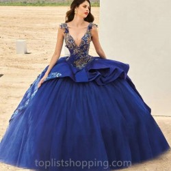 V-Neck Blue Ball Gown Quinceanera Dresses 2024 Appliques Sweet 15 16 Birthday Party Formal Wear Pageant