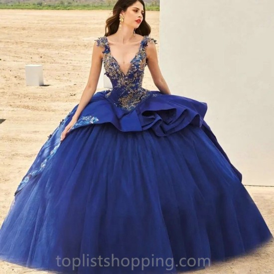 V-Neck Blue Ball Gown Quinceanera Dresses 2024 Appliques Sweet 15 16 Birthday Party Formal Wear Pageant