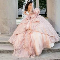 Blush Pink Quinceanera Dress 2024 Ball Gown Big Bow For Sweet 16 15 Sequined Princess Vestidos De XV 15 Anos