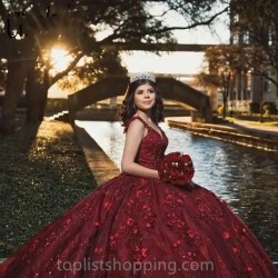 Ball Gown Burgundy Quinceanera Dress Floral 3D Flower Sweet 16 Vestidos De XV Anos