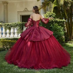 Beads Burgundy Princess Quinceanera Dresses 2024 Flower Ball Gown Sweet 16 Dresses Corset Back