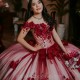 Sweet 15 Year Gown Burgundy Quinceanera Dress Off The Shoulder V Neck Court Train Party Dresses