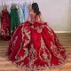 Off The Shoulder Burgundy Shiny Quinceanera Dresses Ball Gown Tulle Gold Appliques Puffy Sweet 16 Dresses