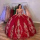 Off The Shoulder Burgundy Shiny Quinceanera Dresses Ball Gown Tulle Gold Appliques Puffy Sweet 16 Dresses