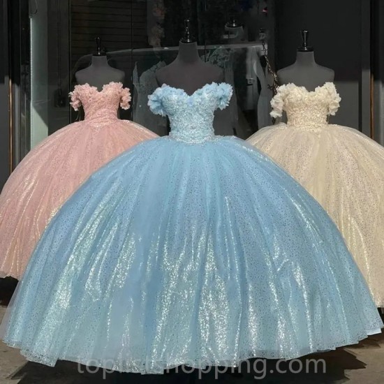 Crystal Champagne Flowers  Quinceanera Dress Ball Gown Off Shoulder Birthday Sweet 15 Party Dresses