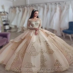 2024 Champagne Luxury Quinceanera Dresses Lace Appliqued Crystal Long Sleeve Ball Gown Vestidos De Quinceañera