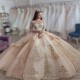 2024 Champagne Luxury Quinceanera Dresses Lace Appliqued Crystal Long Sleeve Ball Gown Vestidos De Quinceañera