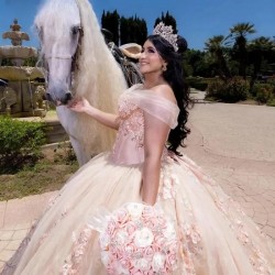 Beading Champagne Quinceanera Dresses Off The Shoulder Crystal Ball Gown Corset Vestidos De 15 Años