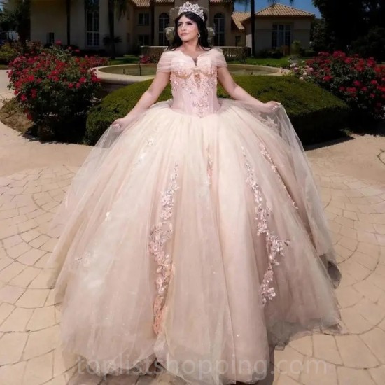 Beading Champagne Quinceanera Dresses Off The Shoulder Crystal Ball Gown Corset Vestidos De 15 Años