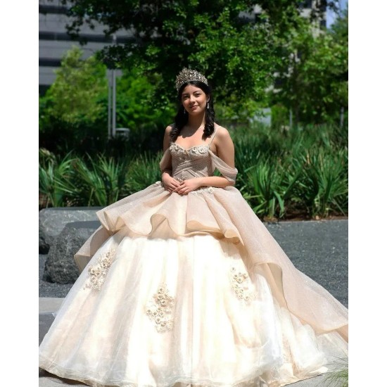 Champagne Quinceanera Dress 2024 Ball Gown Spaghetti Appliques Beaded Mexican 16 Birthday Princess Gown