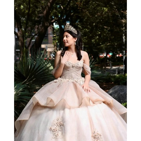 Champagne Quinceanera Dress 2024 Ball Gown Spaghetti Appliques Beaded Mexican 16 Birthday Princess Gown