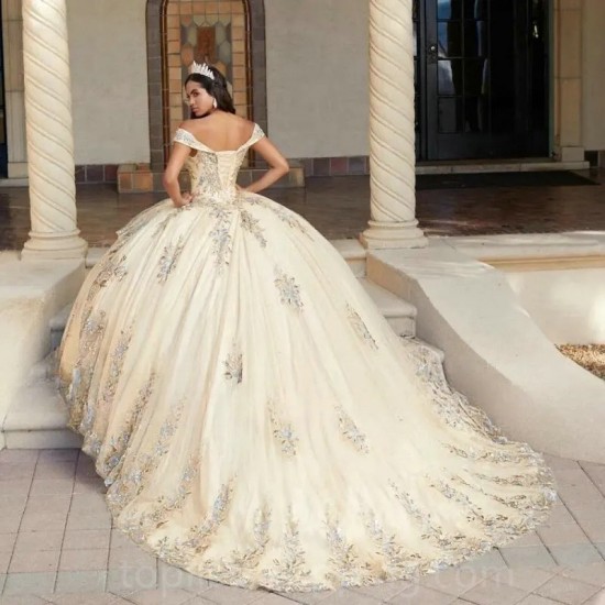 Champagne Quinceanera Dress 2024 Tulle Lace Applique Long Train Off Shoulder Sweet 15 16 Birthday Party Princess