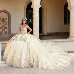 Champagne Quinceanera Dress 2024 Tulle Lace Applique Long Train Off Shoulder Sweet 15 16 Birthday Party Princess