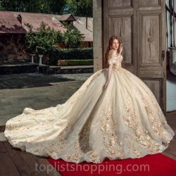 Champagne Quinceanera Dress Ball Gown 3D Floral Applique Beads Women Off Shoulder Robe De Soiree Sweet 16 Dress