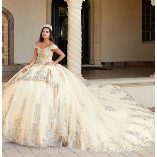 Champagne Quinceanera Dresses 2024 Layers Appliques Ball Gown Sweet 15 16 Dress