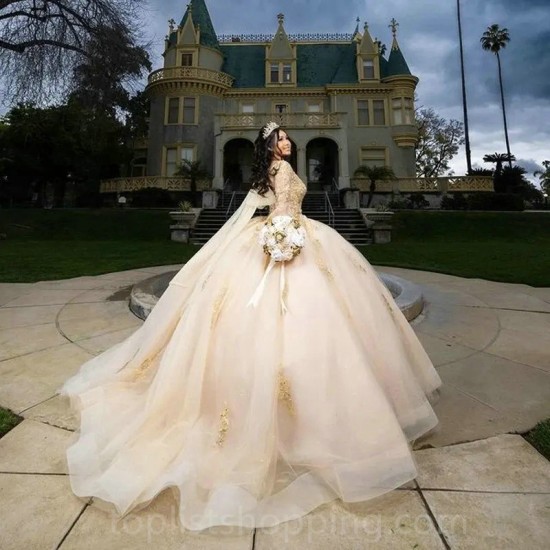 Champagne Quinceanera Dresses 2024 Long Sleeve Gold Applique Pearls Cinderella Sweet 16 Dress