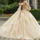 Long Sleeve Champagne Quinceanera Dresses Ball Gown Appliques Lace Beads Tull Sweet 16 Dress Prom Party Dress