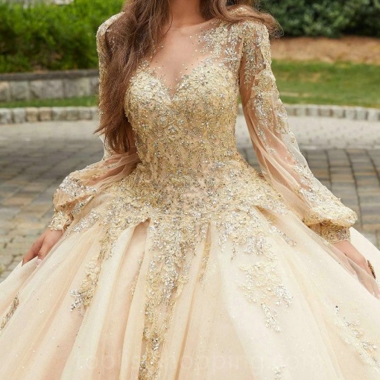 Long Sleeve Champagne Quinceanera Dresses Ball Gown Appliques Lace Beads Tull Sweet 16 Dress Prom Party Dress