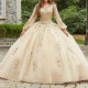 Long Sleeve Champagne Quinceanera Dresses Ball Gown Appliques Lace Beads Tull Sweet 16 Dress Prom Party Dress