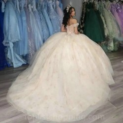 Off The Shoulder Champagne Quinceanera Dresses Beads Lace Flower Beads Tull Sweet 16 Birthday Party Ball Gowns