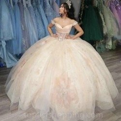 Off The Shoulder Champagne Quinceanera Dresses Beads Lace Flower Beads Tull Sweet 16 Birthday Party Ball Gowns