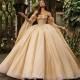 Two Gloves Champagne Quinceanera Dresses With Beaads Ball Gown Appliques Sweet 16 Dress Party Vestidos De 15 años