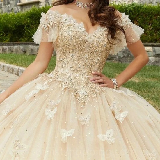 Shiny Champagne Ball Gown Quinceanera Dress Corset Lace Beading Sequins Bow Off the Shoulder Sweet 16 Dress