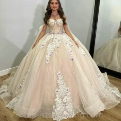 Shiny Champagne Quinceanera Dresses Ball Gown Sweetheart Tulle Appliques Sweet 16 Dress