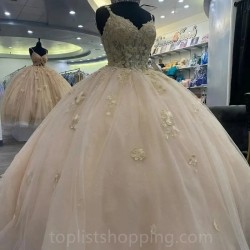 Spaghetti Strap Champagne Beading Ball Gown Quinceanera Dresses Sleeveless Corset Vestidos De 15Años