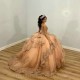 Beaded Champagne Shiny Off The Shoulder Ball Gown Quinceanera Dress Appliques Lace Birthday Party Gowns