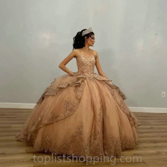 Beaded Champagne Shiny Off The Shoulder Ball Gown Quinceanera Dress Appliques Lace Birthday Party Gowns