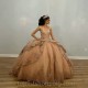 Beaded Champagne Shiny Off The Shoulder Ball Gown Quinceanera Dress Appliques Lace Birthday Party Gowns