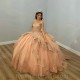 Beaded Champagne Shiny Off The Shoulder Ball Gown Quinceanera Dress Appliques Lace Birthday Party Gowns