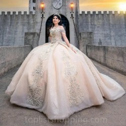 Beaded Champagne Shiny Quinceanera Dresses Ball Gown Applique Lace Sequined Sweet 16 Dress