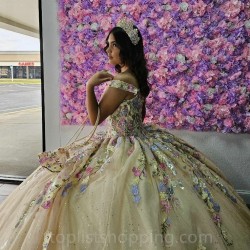 Beading Champagne Shiny Quinceanera Dresses Formal Luxury Party Lace Appliques Sweet 15 Dress Graduation Ball Gwon Prom Gowns