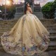 Sweetheart Champagne Shiny Quinceanera Ball Dresses Sleeveless Graduation Party Gown