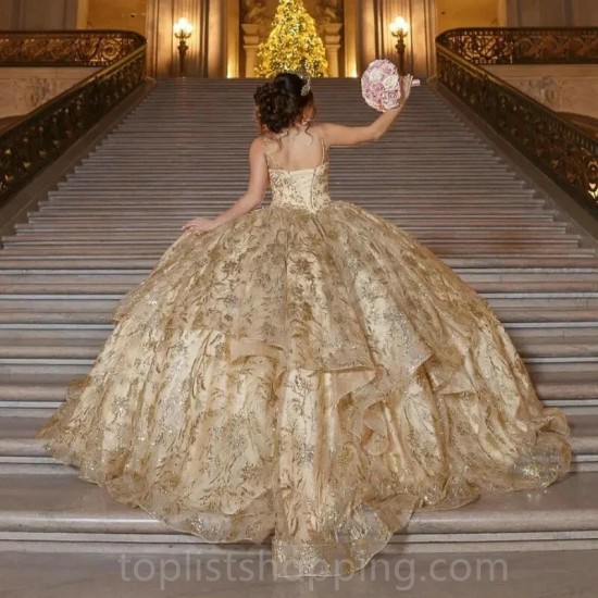 Spaghetti Strap Champagne Quinceanera Dress 2024 Ball Gown Appliques Beading Sequins Tull Sweet 16 Dress