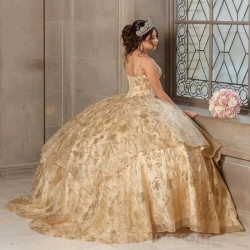 Spaghetti Strap Champagne Quinceanera Dress 2024 Ball Gown Appliques Beading Sequins Tull Sweet 16 Dress