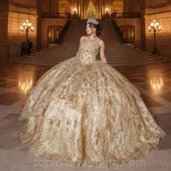 Spaghetti Strap Champagne Quinceanera Dress 2024 Ball Gown Appliques Beading Sequins Tull Sweet 16 Dress