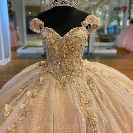 Champagne Sweetheart Off The Shoulder Sleeveless Floral Appliques Lace 3DFlowers Quinceanera Dresses