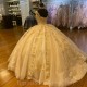 Champagne Sweetheart Off The Shoulder Sleeveless Floral Appliques Lace 3DFlowers Quinceanera Dresses