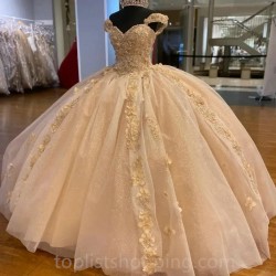 Champagne Sweetheart Off The Shoulder Sleeveless Floral Appliques Lace 3DFlowers Quinceanera Dresses