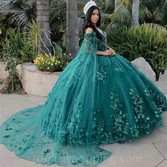 Emarled Green Quinceanera Dresses with Cape Shiny Vestidos De 15 Anos Formal Birthday Party Ball Girthday Gowns