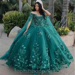 Emarled Green Quinceanera Dresses with Cape Shiny Vestidos De 15 Anos Formal Birthday Party Ball Girthday Gowns