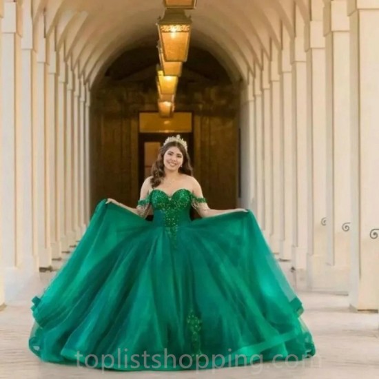 Emerald Green Ball Gown Quinceanera Dresses 2024 Appliques Off Shoulder Sweet 16 Dress Vestido De 15 Anos