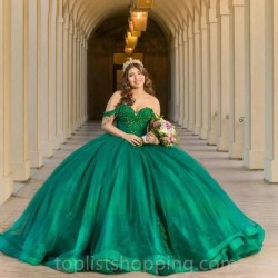 Emerald Green Ball Gown Quinceanera Dresses 2024 Appliques Off Shoulder Sweet 16 Dress Vestido De 15 Anos